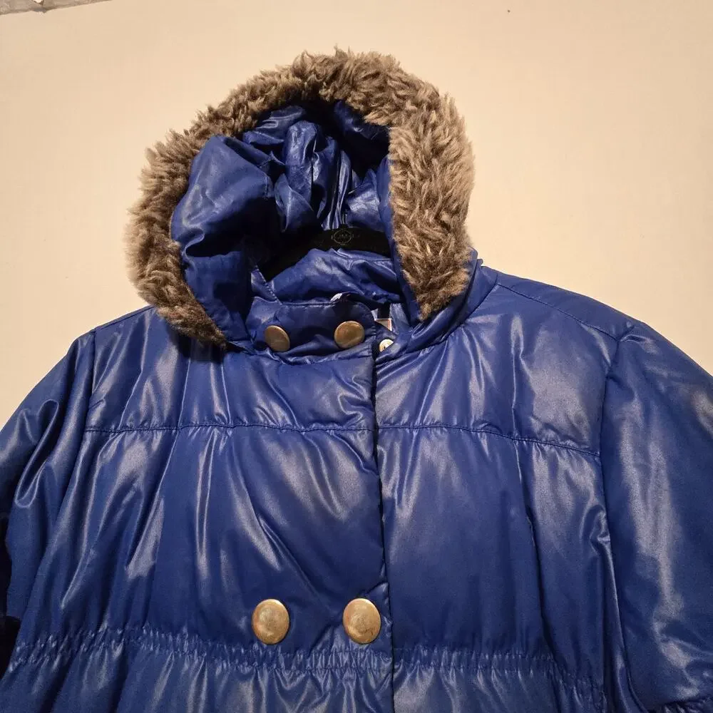 Hanna Andersson Down Long‎ Hooded Coat Girls Sz 140 9-10 Blue Fauz Fur Edge Warm